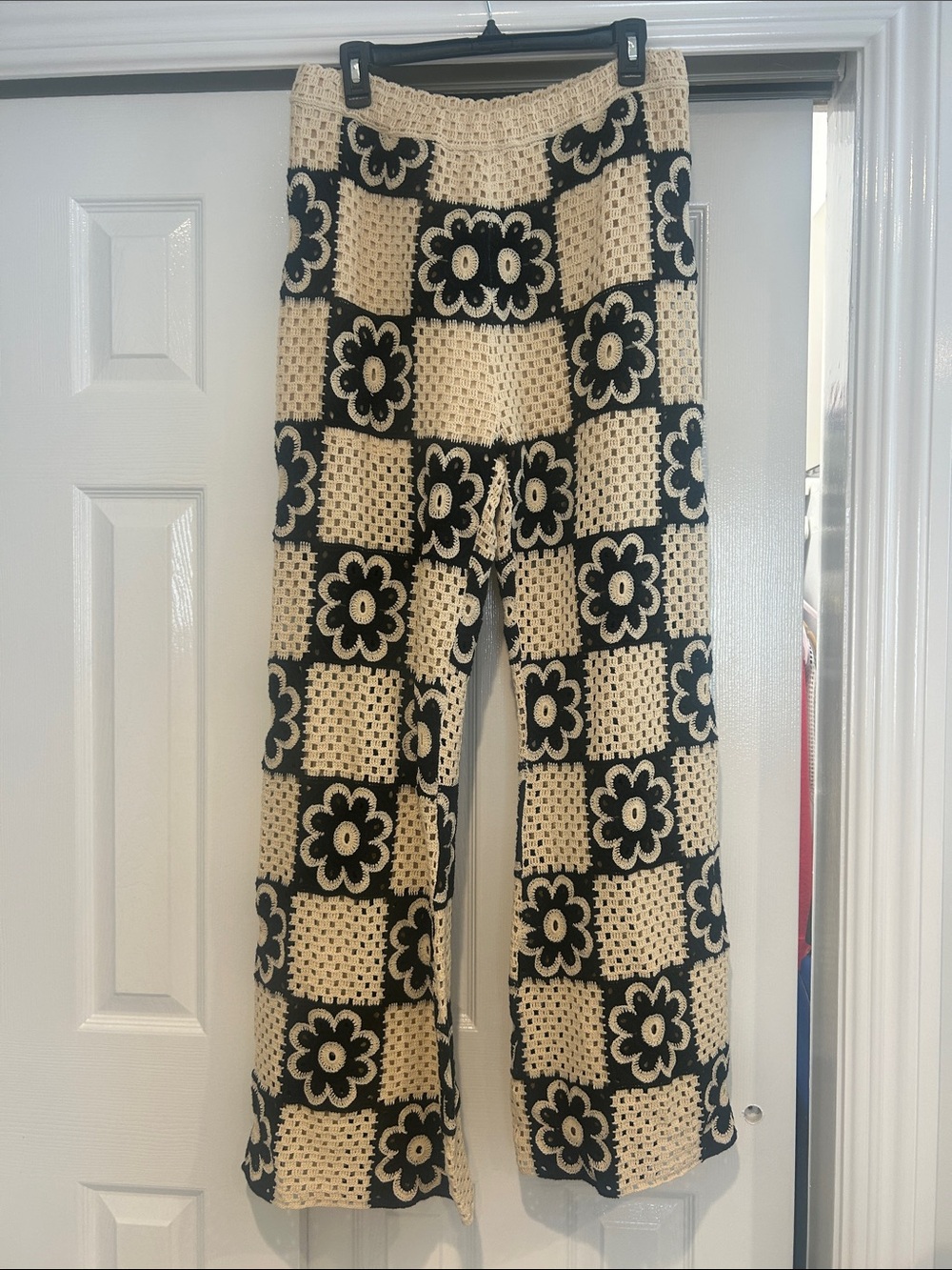 Sandro Black and Cream Crochet Wide-Leg Pants